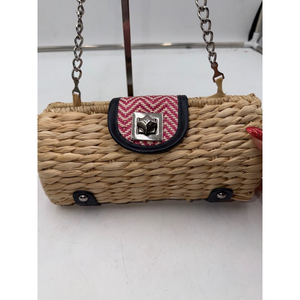 Woven Straw Barrel Clutch Bag Pink Chevron Flap Silver Chain Strap Shoulder Bag